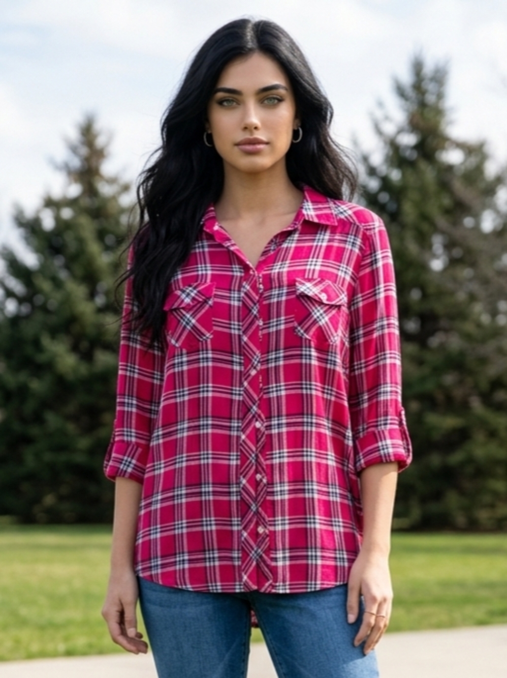 Torrid Blouse Womens 1 Red Plaid Long Sleeve Button Up Soft Rayon Chest Pockets